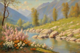 sunny day, mountains, river, rocks, flowers, trees, spring, henry luyten and auguste oleffe impressionism paintings