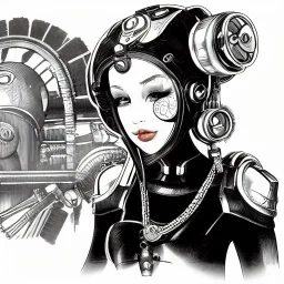 great illustrator, spanish, pencil sketch of a cute girl, beautiful, steampunk syle, black and white. Helmet with tubes. venetian mask. Machinery in the background. robotic bird. High details.