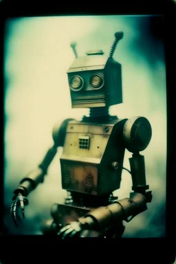 steampunk, vintage analog polaroid of a woman robot, female body, fog, lomography, heavy film grain, night, color bleed, depth of field, bokeh, retro