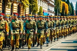 Soldiers marching in formation; military parade; Colorful uniforms; shouting;