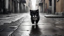 a black and white homeless little kitten, sad, (dirty on fur:1.4), (disheveled fluffy fur:1.3), walking down the street, (paving slabs:0.5), (simple background:1.4), man legs, sole of the shoe, running ago, rain, (in the style of an Jeremy Mann:1.4), ivan aivazovsky, dark shot, (warm light reflection:0.1), disco elysium, digital artwork, ,best quality, high resolution, extreme detail, outstanding composition, masterpiece,