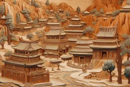 A brown Chinese village near badlands designed in Chinese paper art painted by Peter Carl Faberge