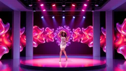 modern stage with a beautiful lady in modern clothing dancing, 3D recursive fractal structure animating background