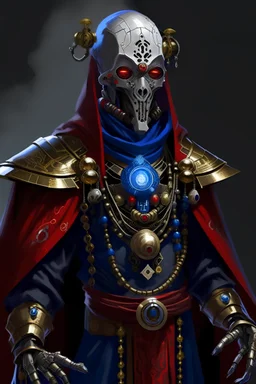 Portrait of a robotic warforged doctor wearing a tribal mask painted in red, white, and blue; and adorned with various gemstones. The strange, slightly intimidating mask sits on a figure standing 6'5'' who is wearing a dark traveling cloak with a bound tome at their waist. This robotic warforged with black coloring and gold accents. Their dark and shiny metallic surfaces appear dignified and well kept, but also show signs of years of wear and scratches. It appears to study you intently.