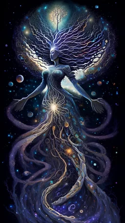cosmic guardian of soul and mind lifts her hand to destroy an expanding reality that swirls into galaxies and planets. her body and dress are made of swirling galaxies and cosmos and her hair suggests the Tree of Life. Small eyes are embedded in parts of the cosmic background. She is the destroyer and is destroying the world around her