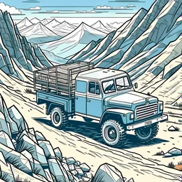 colored Concept art drawing of a truck for collecting fossils in mountains