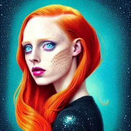 Deborah ann woll, her striking perfectly detailed clear eyes, her perfect, precisely detailed lightly freckled face, meticulously detailed long curly multi-hued ginger carrot cherry fire red hair, luminous colorful sparkles; by james r. eads, gawki, rajewel, tania rivilis, dan mumford, lisa frank, artgerm, greg rutkowski, alphonse mucha and william-adolphe bouguereau; glitter, airbrush, octane render, volumetric lighting, 16k, photorealistic digital painting, artstation, smooth, sharp focus, col