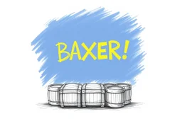 a drawing with sketch lead pencil, The word "BAXER" in yellow floating like a big sign, strong painting, strong expression, BAXER!, BAXER! write the word Baxer, WOODEN CRATES AND BARRELS