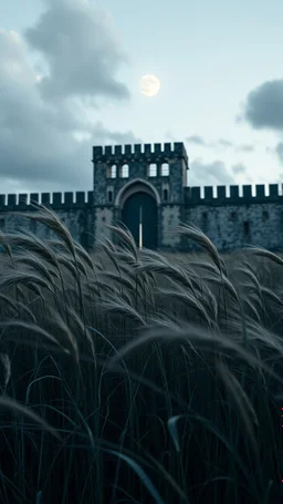 Windblown grass with winds with clouds and moon in the background, high quality picture 8k, beautiful cinematic lighting and all gray colors , a big old walls with towers and big gate in background