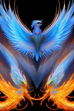 side view blue phoenix flaming wings, balanced, beautiful, smooth, flying