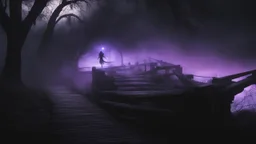 walking straight ahead over a wooden bridge, holding the angel of death with your right hand, entering the fog at the end of the road that leads to the afterlife, and a beautiful sunset and galaxy's behind the fog, realistic