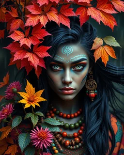 Vibrant autumn foliage in a rain-kissed setting, Ikebana arrangement, Haiku poetry inspiration, Japanese garden elements, autumn asters, Utagawa Hiroshige essence, Isaac Levitan influence, woman with dark skin, tribal markings, mysterious expression, piercing eyes, flowing black hair, colorful beads, layered textiles, bright hues, ornate jewelry, cultural richness, dark, blurred backdrop, GoBi, Наталья И-ва.Mystical character with pale blue scaly skin, icy green eyes, dark eyeliner, cascading da