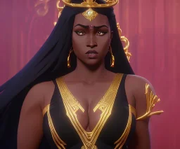 A beautiful curvaceous black woman with long straight curly black hair, wearing a gold crown, and a gold intricate detail gown, yoruba culture, orixa, magical, ethereal, sharp lighting, cimematic lighting. Painting, high quality, Ultra quality 8k.Running and holding a sword.