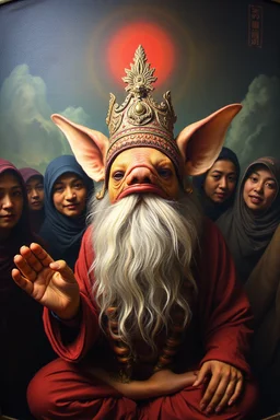 pin hole cam, master oil painting by Rembrandt,ohm ri shi lahkshmi super guru with lots followers looking like a salmon dog gremlin yoga guru