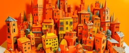An orange colored town made out of toys painted by Pablo Picasso