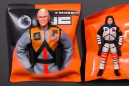 Mike Pence G.I. Joe toy Space force uniform With Extra accessories inside a blister packaging hanging on a Wallrack in toystore, fluorescent orange, toy guns, wide angle shot whole body, black moonboots, fullsize