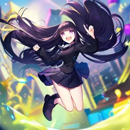 Clear focus,High resolution, Black long straight hair, and purple eyes, wearing a skirt,with stocking, with long boots on, Happy, Jumping