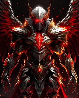 silver and gold armor with glowing red eyes, and a ghostly red flowing cape, crimson trim flows throughout the armor, the helmet is fully covering the face, black and red spikes erupt from the shoulder pads, crimson and gold angel like wings are erupting from the back, red lighting arch erupting from the back as well, crimson hair coming out the helmet