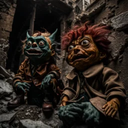 Close-up of ultra realistic odd monsters in a ruined city, after a war, vivid, ultra realistic, Egon Schiele, hypermaximalist figures, light, Italian 1970's odd movie, hilarious, fine art, Minicavio Quollati style, photography by Marlost Endgulp, dark atmosphere, obsessive, 4k, sharp focus, 3d, photorealism