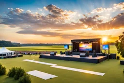 a big open disko stage in country side environment , at distance,blue sky pretty clouds ,sunset ,golden hour.