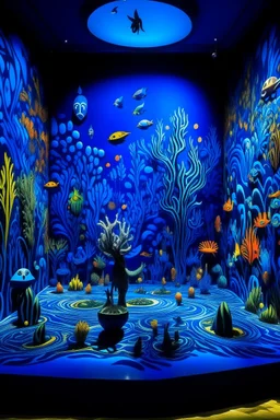 A dark blue underwater vibrating cove designed in Oaxacan alebrijes painted by Andy Warhol