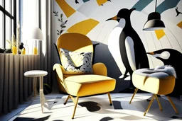 lifelike human feet pattern decorated wallpaper in the background and a penguin shaped and penguin coloured (black and white) armchair in a modern room in sunshine