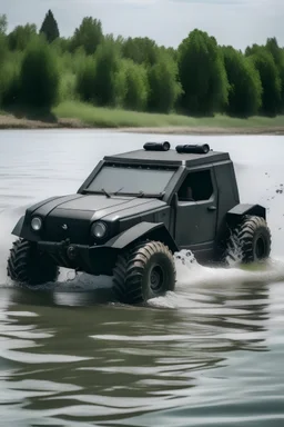 Auto con 6 ruedas rodando en el agua