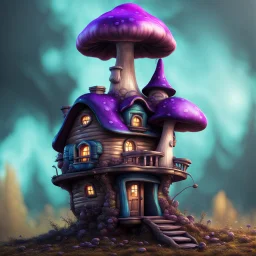 A funny floating mushroom house in space. neutral colors, black blue purple, Detailed gloss Painting, rich color, fantastical, intricate detail, splash screen, hyperdetailed, insane depth, concept art, 8k resolution, trending on Artstation, Unreal Engine 5, color depth, dynamic lighting, splash art, dramatic, masterpiece, excellent quality beautiful Imaginative, unique,