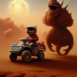 1yo little boy is on safari on the moon. riding on the red dinosaur bike. he has big and a funny hat. High detailed. Cinematic. oil on canvas painting. Warm lights. beksinski