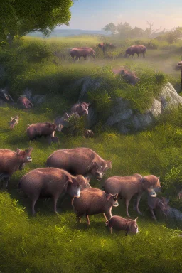 Close-up animation image of an island full of wild warthog, with them running around crazy and wild