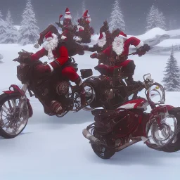 multiple santas driving a motorcycle arround christmass tree