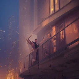 a man pushing a woman over a balcony, downtown new york at night, dramatic, dramatic lighting, volumetric lighting, hyperrealism, 8k, high quality, photorealistic, lot of details