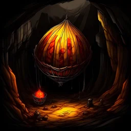 dark stone cave, huge, cave closed at the ceiling, in the middle a hot air ballon, red, yellow orange stripes, stands on the ground, bis basket ready for uplift stands on the ground , fire only light in the cave, drawing, high details