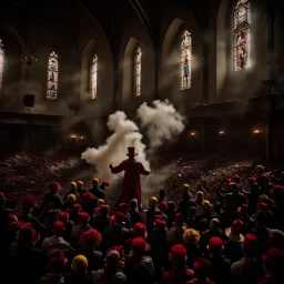 many clowns begin to throw bottles filled with an unknown liquid into the crowd inside the gloomy church, lot of smoke