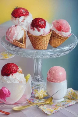 Beautiful ice-cream sundaes on a modern kitchen counter, on embroidered lace, Hyper realistic, oil on canvas award winning fantastic view ultra detailed acrylic art Ultra realistic Impressionism Surrealism simen johan, sharp focus intricate oil on canvas cinematic lighting photorealistic high detail ultra detailed crisp quality in sunshine