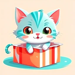 cute cartoon kitten playing in a gift box