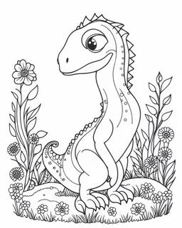 ccoloring pages for kids, coloring pages for kids, A small dinosaur made of flowers and water. Renaissance painting style. cartoon style, thick lines, low detail, black and white, no shading, --ar 85:110. Renaissance painting style. cartoon style, thick lines, low detail, black and white, no shading, --ar 85:110