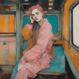Egon schiele painting of a grunge woman, billie eilish, in the train, orange, pink, turquoise, yellow colors