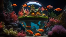 A fairy village with elves built inside a glass bubble dome underwater in a colorful tropical coral reef with colorful fish and crustaceans, magical lighting, brilliantly colorful, highly detailed, sharp focus