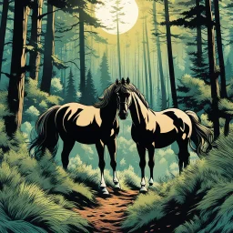 Ilustración estilo cómic de bosque con caballos calidad ultra