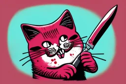 Cat diabolical smiling with a bloody knife with blood. Illustration.