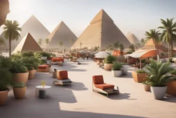 tourist walkway with the pyramids, including modern seating areas with planters, sweet cars, and tourist bazaars.