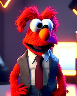 hybrid character, Elmo muppet head, real man body, human arms and hands, Shirt and tie, concept art, smooth, unreal engine 5, god lights, ray tracing, RTX, lumen lighting, ultra detail, volumetric lighting, 3d, finely drawn, high definition, 4k.