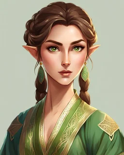 Illustration {a half-body shot of a half-elf with brown hair and grey eyes wearing a green traditional Turkic kaftan is looking at the viewer with an intense gaze and a grumpy and pouty expression. Her hair is tied into a loose bun, her cheekbones are high and prominent, her skin has a light-olive tone, she is tall and slender and has a delicate and shapely build. She is modestly dressed, sitting in a fantasy forest}, realism, realistic, anime, semi-realistic, fantasy,