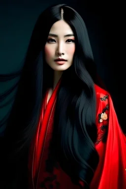 portrait of a beautiful Oriental woman with super long black hair, warm-hearted, goddess, red