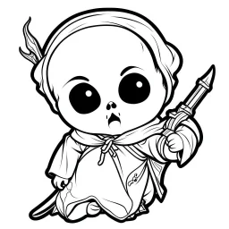 create a 2d black outline, "cute kawaii baby death with a scythe coloring book for kids", coloring page, low details design, black contour, coloring page design, simple background, colorful , card style, coloring page for kids, white background, sketch style,