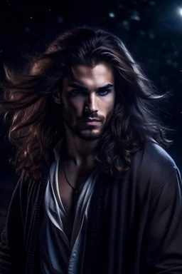 Handsome brutal man with long hair werewolf fantasy, magic, magic, fabulous atmosphere