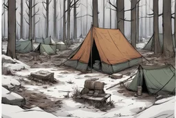 campsite, winter, tents, overgrown, post-apocalyptic, comic book, forest