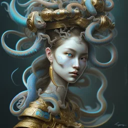 Sango fantasy, fantasy magic, intricate, sharp focus, illustration, highly detailed, digital painting, concept art, matte, art germ and Paul Lewin and Kehinde Wiley, masterpiece Japanese lady head bronze octopus Asian African girl nice breast Thai hair turquoise silver blue waves