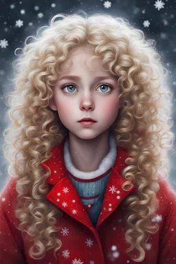 Lonely orphan with big innocent eyes and blond curly hair and snowflakes in her hair, red coat and red shoes.